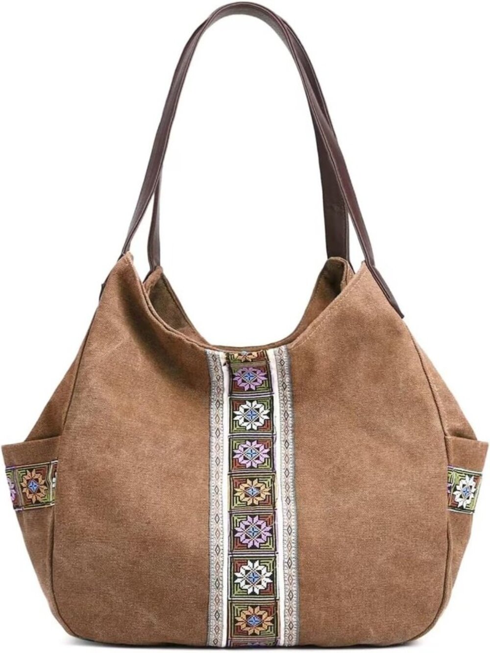 Stylish Women’s Canvas Hobo Tote Bag - Multi Pocket, Embroidered Shoulder